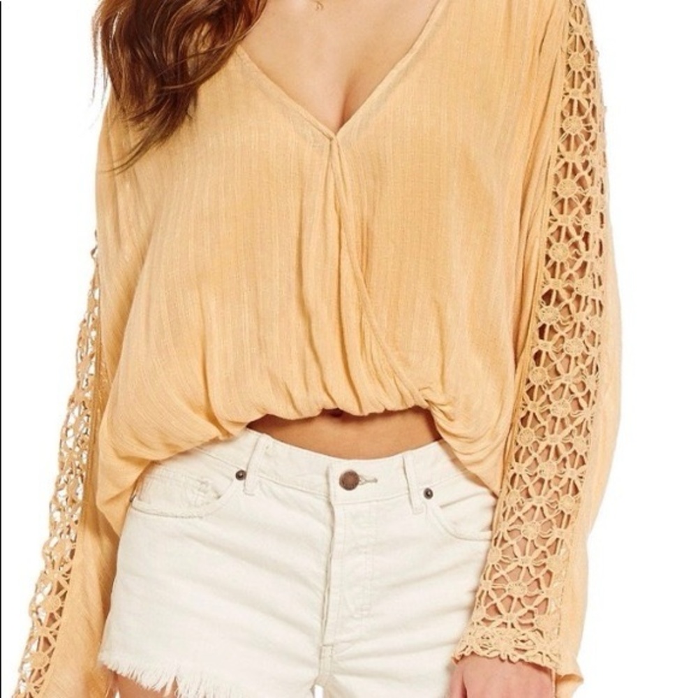 Free People Peach Crochet-Sleeve V-Neck Top